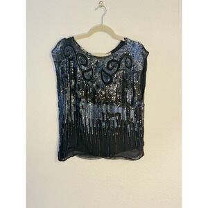 Vintage 80's Women's Top Beaded Silk Sequin Gatsby Fairycore NYE Sparkle Party